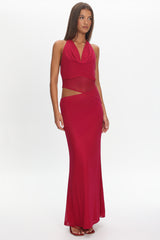 Playing Games Cut-Out Cowl Halter Dress Berry