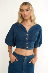 Kaelis Bubble Sleeve Button Top Denim