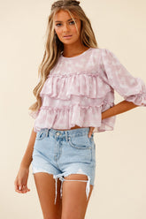 Float On By Layered Ruffle Crop Top Leaf Print Pink