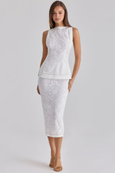 Cecilia White Cotton Placement Lace Broderie Anglaise Midi Skirt
