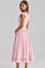 Lauren Pink Cotton Broderie Anglaise Boat Neck Maxi Dress