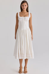 Phoebe White Cotton Broderie Anglaise Trim Midi Dress