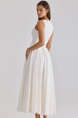 Azalina White Boat Neck Button Front Cotton Maxi Dress