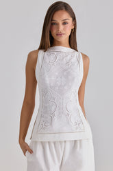 Valencia White Cotton Placement Lace Broderie Anglais Boat Neck Top