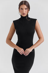Gaia Black Cashmere Blend Turtle Neck Midi Dress
