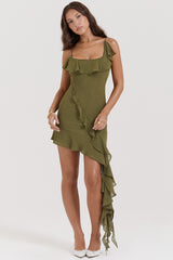 Marcia Olive Ruffle Mini Dress