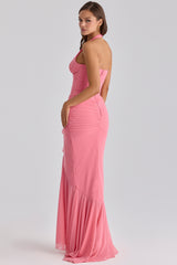 Carmine Raspberry Mesh Halter Neck Waterfall Maxi Dress