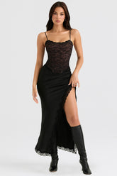 Ruby Black Satin Lace Trim Midi Skirt