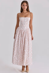 Ysabella White Rose Print Cotton Midi Sundress