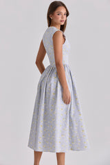 Emmy Blue Wildflower Print Cotton Midi Sundress