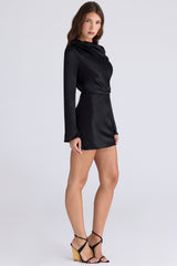Mariska Black Satin Long Sleeve Backless Mini Dress