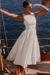 Azalina White Boat Neck Button Front Cotton Maxi Dress
