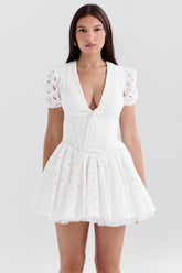 Imani White Pleated Broderie Anglais Mini Dress