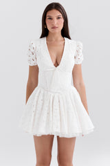 Imani White Pleated Broderie Anglais Mini Dress