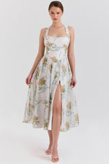 Minerva Soft Blue Vintage Ribbon Print Chiffon Midi Dress