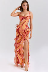 Lumira Sunset Swirl Print Ruffle Cut Out Maxi Dress