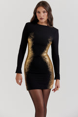 Domenica Black & Gold Foil Print Mini Dress