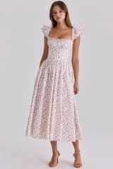 Livia White Rose Print Cotton Midi Sundress