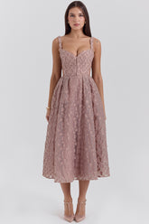 Lovely French Rose Jacquard Sweetheart Neckline Midi Dress