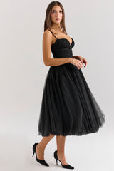 Countess Black Tulle Ruched Bodice Midi Dress