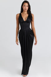 Angeline Black Satin Hourglass Maxi Dress - Limited Edition