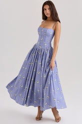 Ysabella Blue Daisy Print Stretch Cotton Midi Sundress