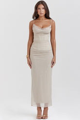 Nalini Sand Stretch Mesh Maxi Dress