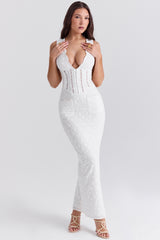Sophina White Cotton Broderie Anglais Plunge Maxi Dress