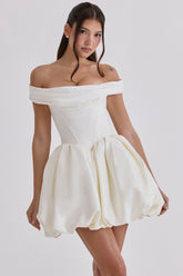 Leonora Ivory Satin Off Shoulder Mini Bridal Gown