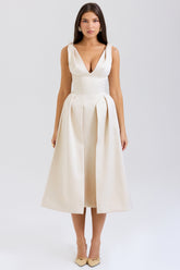 Paloma Vintage Cream Satin Pleated Midi Dress