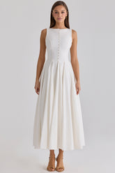 Azalina White Boat Neck Button Front Cotton Maxi Dress