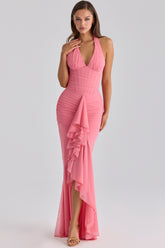 Carmine Raspberry Mesh Halter Neck Waterfall Maxi Dress