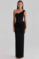 Caprice Black Satin One Shoulder Maxi Dress