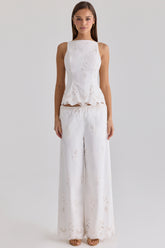 Mirea White Cotton Broderie Anglaise Wide Leg Trousers