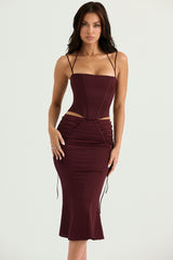 Sidonie Wine Satin Lace Up Midi Skirt
