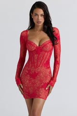 Lucienne Red Lace Embroidered Mini Dress - Limited Edition
