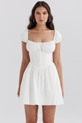 Nala White Cotton Gathered Mini Dress
