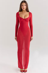 Everly Holly Red Mesh Maxi Dress with Bodysuit
