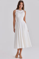 Scarlett White Cotton Lace Trim Waist Cinch Midi Dress