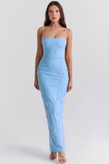 Eva Tuscan Blue Embroidered Floral Maxi Dress