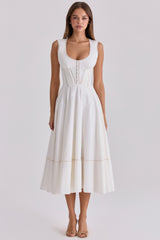 Solana White Cotton Waist Cinch Midi Sundress