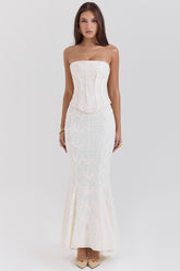 Veronica Vintage Ivory Embroidered Godet Maxi Skirt