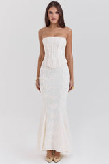 Veronica Vintage Ivory Embroidered Godet Maxi Skirt