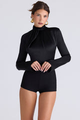Neneh Black Satin High Neck Long Sleeve Bodysuit