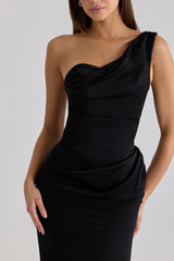 Caprice Black Satin One Shoulder Maxi Dress