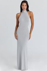 Nova Silver Grey Halter Neck Backless Maxi Dress
