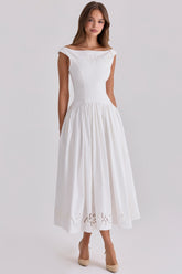 Lauren White Cotton Broderie Anglaise Boat Neck Maxi Dress