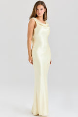 Safaira Buttermilk Satin Draped Cowl Neck Maxi Dress