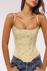 Cadie Lemon Floral Print Cotton Waist Cinch Corset Top