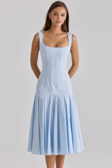 Soretta Blue Pleated Lace Up Cotton Midi Dress